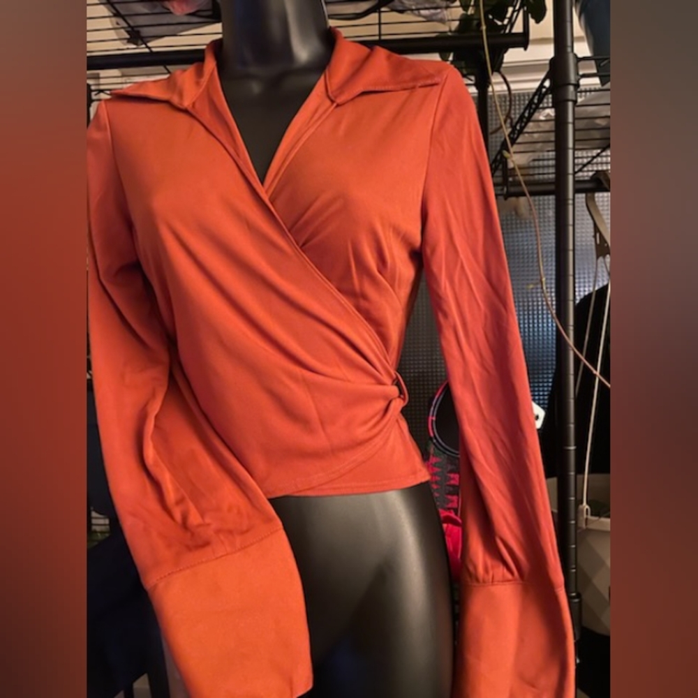 Rust Orange Long Sleeve Cross Over Crop Top